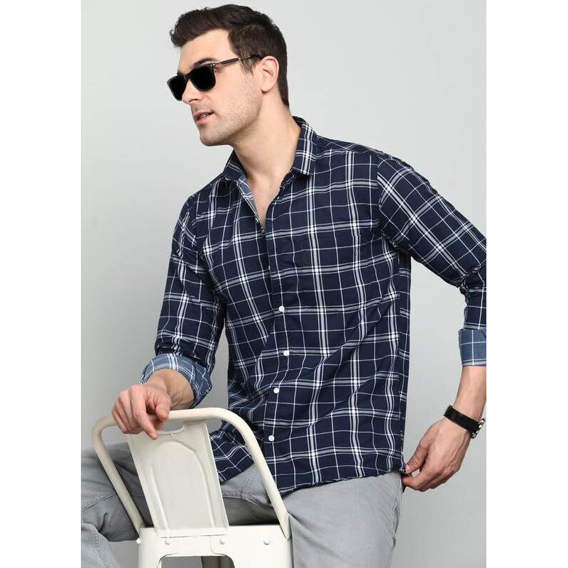 Men's Cotton Casual Printed Checkered Stylish Latest Shirt For Men (Darkblue X-Large)