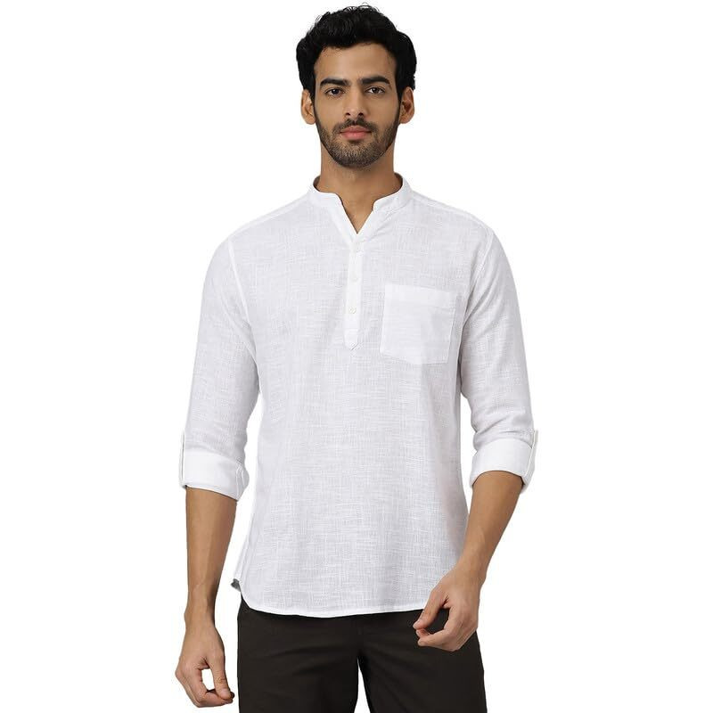 Kingdom Of White Vedic | Regular Fit I 100% Cotton Premium White Short Kurta For Men I Full Sleeve With Roll-Up Button And Madarin Collar | Summer Casual Shirt With Chest Pocket