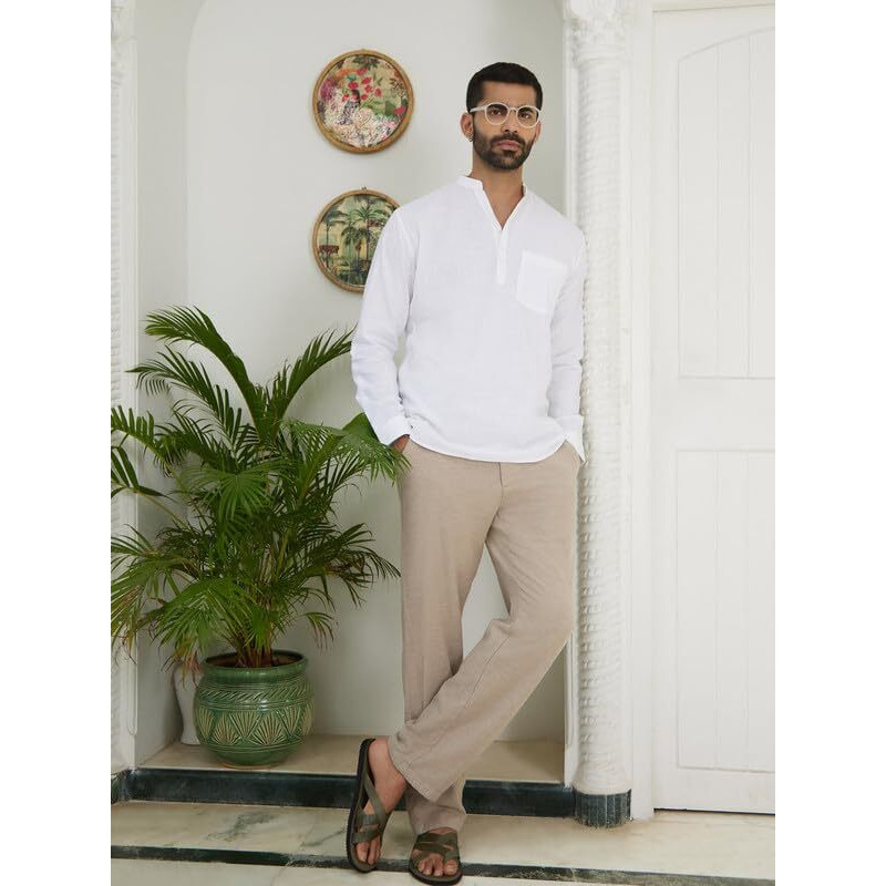 Kingdom Of White Vedic | Regular Fit I 100% Cotton Premium White Short Kurta For Men I Full Sleeve With Roll-Up Button And Madarin Collar | Summer Casual Shirt With Chest Pocket