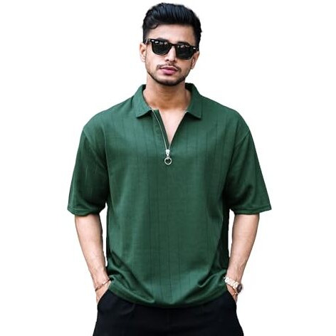 Maniac Mens Textured Polo Neck 3/4Th Sleeve Half Zipper Dark Green Cotton T-Shirt