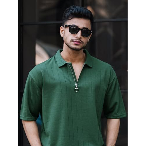 Maniac Mens Textured Polo Neck 3/4Th Sleeve Half Zipper Dark Green Cotton T-Shirt