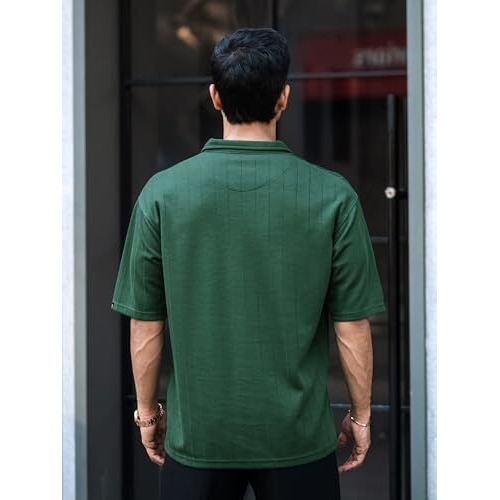 Maniac Mens Textured Polo Neck 3/4Th Sleeve Half Zipper Dark Green Cotton T-Shirt