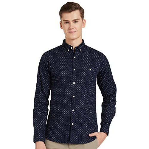 Amazon Brand - House & Shields Men's Printed Slim Fit Full Sleeve Cotton Casual Shirt (Hssh-03_J6146_Navy_Large)
