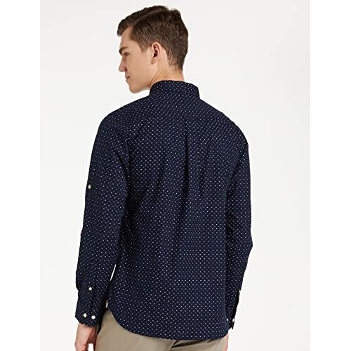 Amazon Brand - House & Shields Men's Printed Slim Fit Full Sleeve Cotton Casual Shirt (Hssh-03_J6146_Navy_Large)
