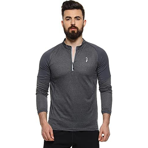 Campus Sutra Men's Charcoal Grey Basic Activewear T-Shirt For Casual Wear | Mock Neck | Long Sleeve | Pull On Closure | Polyester Jersey T-Shirt Crafted With Comfort Fit For Everyday Wear