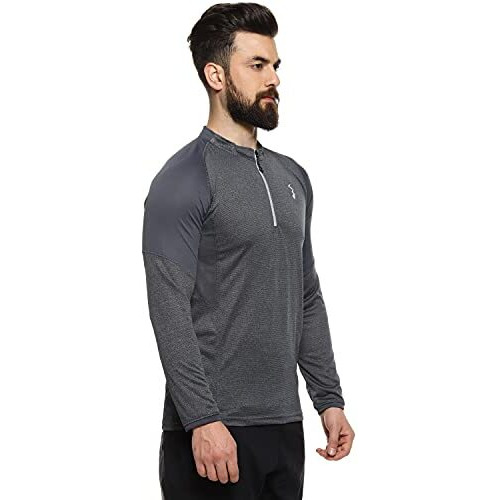 Campus Sutra Men's Charcoal Grey Basic Activewear T-Shirt For Casual Wear | Mock Neck | Long Sleeve | Pull On Closure | Polyester Jersey T-Shirt Crafted With Comfort Fit For Everyday Wear