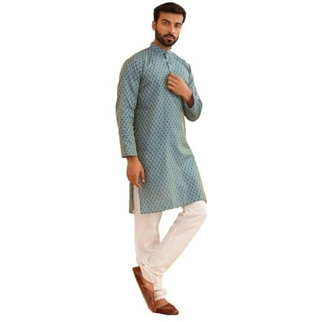Sojanya (Since 1958 Men's Silk Blend Peacock Blue Self Design Kurta And White Churidar Pyjama Set