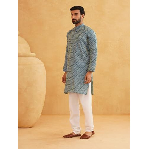 Sojanya (Since 1958 Men's Silk Blend Peacock Blue Self Design Kurta And White Churidar Pyjama Set