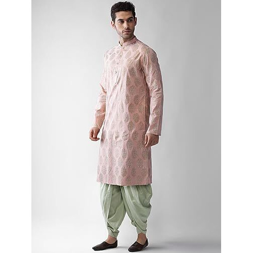 Kisah Men Blushing Peach Woven Design Kurta Full Sleaves, Knee Length, Straight, Regular Fit, Mandarin Collar Ethnic Wear, 50
