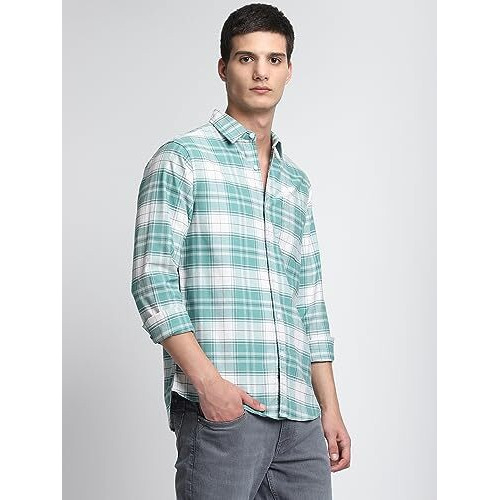 Dennis Lingo Men's Checks Green Spread Collar Casual Shirt (Dlmshw23015_Gn_Xxl)