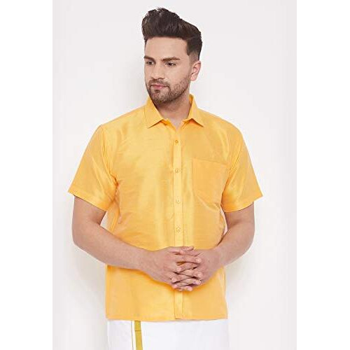 Vastramay Vm Mens Silk Blend Yellow Shirt - Effortless Style For Everyday Comfort | Ethnic South Indian Silk Shirt Half Sleeves | Modern Designs And Contemporary Fit_Vasmsh001Yw_44