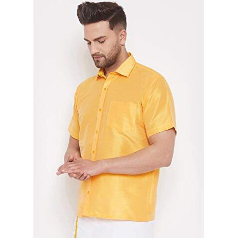 Vastramay Vm Mens Silk Blend Yellow Shirt - Effortless Style For Everyday Comfort | Ethnic South Indian Silk Shirt Half Sleeves | Modern Designs And Contemporary Fit_Vasmsh001Yw_44