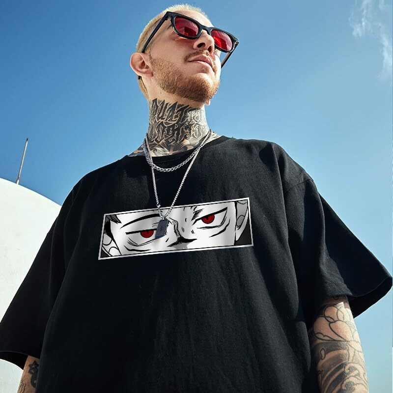 Thalasi Oversized T-Shirt For Men - Round Neck 100% Cotton Luffy &,One Piece And Demon Slayer, Naruto T Shirts - Anime T-Shirts For Men (Black,Oversized)