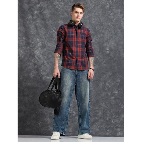 Stitchx Check Shirt For Men Full Sleeves Casual Checkered Shirts Regular Fit Spread Collar Stylish Checks Shirts For Men Comfortable Fashionable Office Party Casual Wear Mens Shirt Burgundy Navy Xl