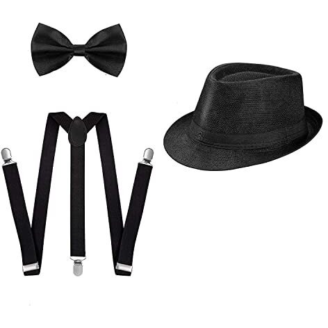 Clothera Suspender And Bow Tie Set With Matched Paper Straw Hat For Men- (Black)