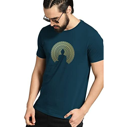 Adro Men's Budha Gold Printed Cotton T-Shirt (Rn23-Gl-Bud-Sb_Teal_L)