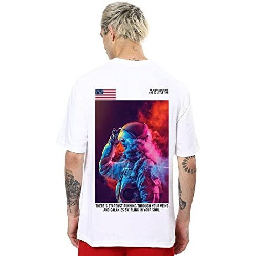 Bewakoof Men's White Galactic Spectrum Graphic Printed Oversized Fit T-Shirt