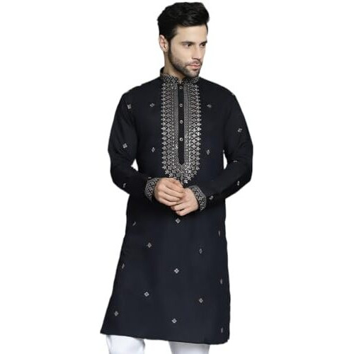 Jompers Men's Black Sequin Embroidered Kurtas (Black, M)