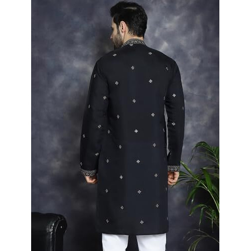 Jompers Men's Black Sequin Embroidered Kurtas (Black, M)