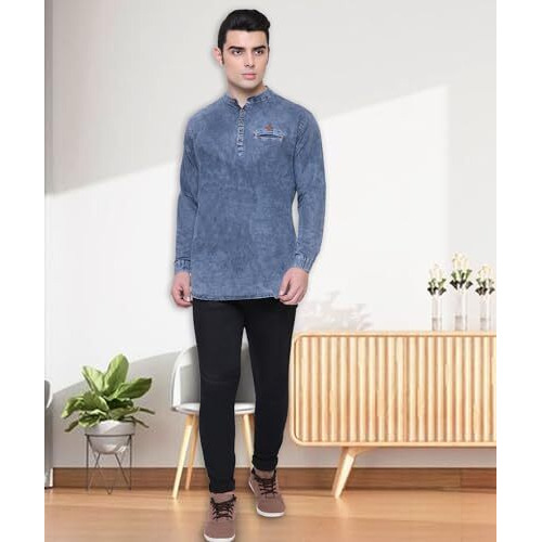 Kuons Avenue Men's Tailored Fit Cloud Grey Short Denim Kurta | Kurta Shirt For Men (Kaclfs1270A-Xxxl_Cloud Grey_Xxx-Large)