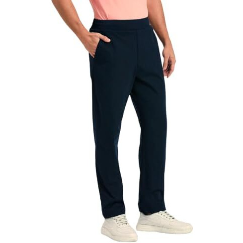 Saintx Men's Stretchable Pull-Up Casual Mid Rise Pants | Slant Pocket Chinos | Stylish Elastic Knitted Trousers (Slim Fit) Office Or Party Joggers | Expandable Waistband (Saintr06_Navy_L)