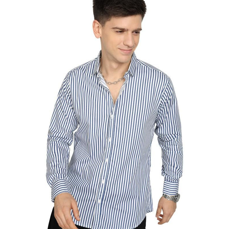 Men's Cotton Casual Printed Striped Stylish Latest Shirt For Men (Blue-White Medium)