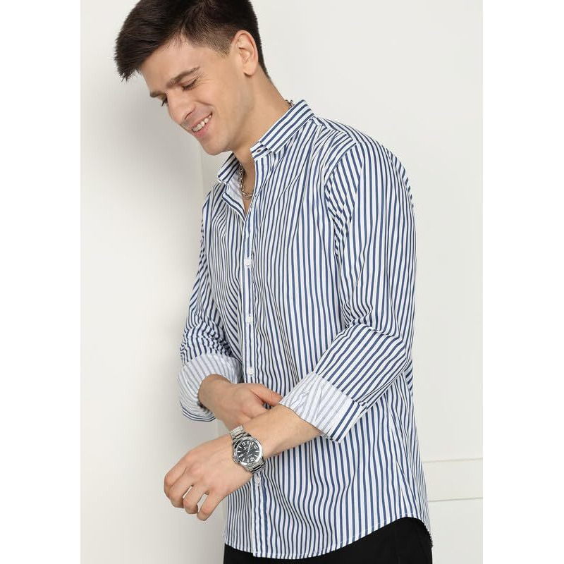 Men's Cotton Casual Printed Striped Stylish Latest Shirt For Men (Blue-White Medium)