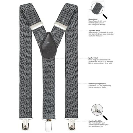 Peluche Metrices Black Coloured 3.5Cm Strap Width Elastic Suspenders For Men