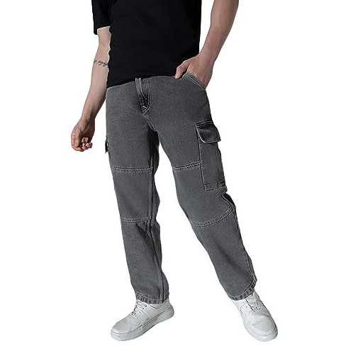 Hubberholme Men's Loose Fit Cargo Jeans (Grey, 32)