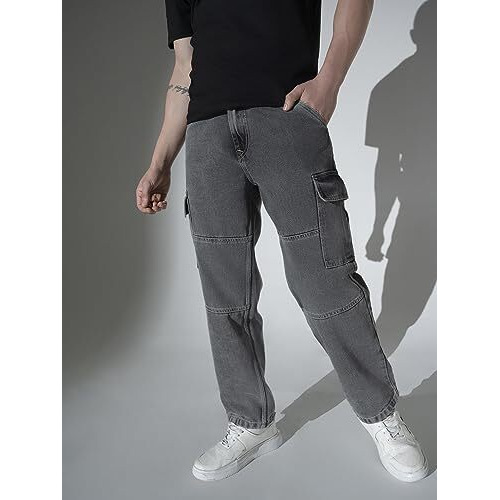 Hubberholme Men's Loose Fit Cargo Jeans (Grey, 32)