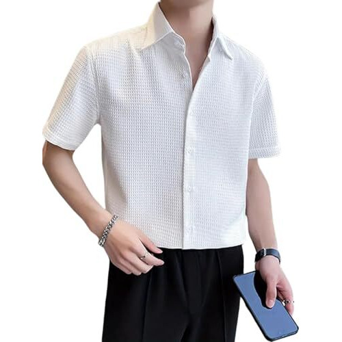 Greciilooks Solid For Casual Stylish Waffle Regular Fit | Men Formal Half Sleeve Shirt (Gl-Ms-6237_White