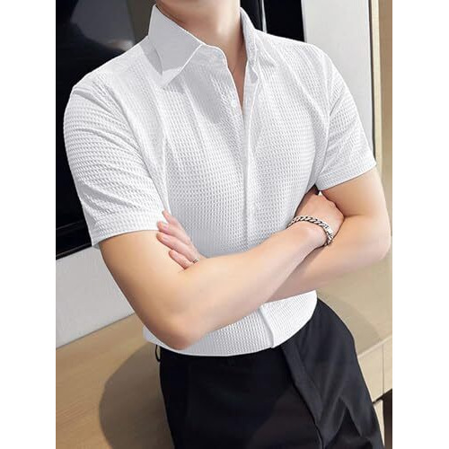 Greciilooks Solid For Casual Stylish Waffle Regular Fit | Men Formal Half Sleeve Shirt (Gl-Ms-6237_White