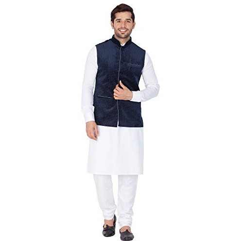 Vastramay Men Cotton Kurta Modi Jacket And Pyjama Set (White_Vasmkpwh014Nmjt014Bu_42)