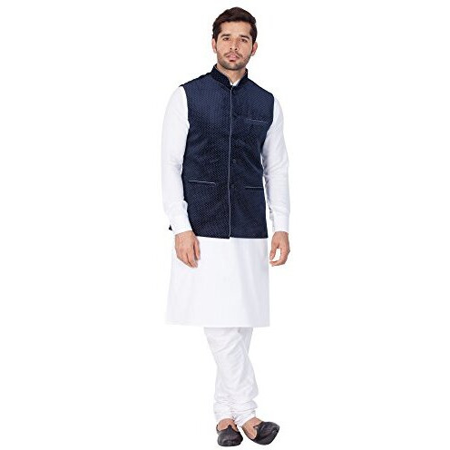 Vastramay Men Cotton Kurta Modi Jacket And Pyjama Set (White_Vasmkpwh014Nmjt014Bu_42)