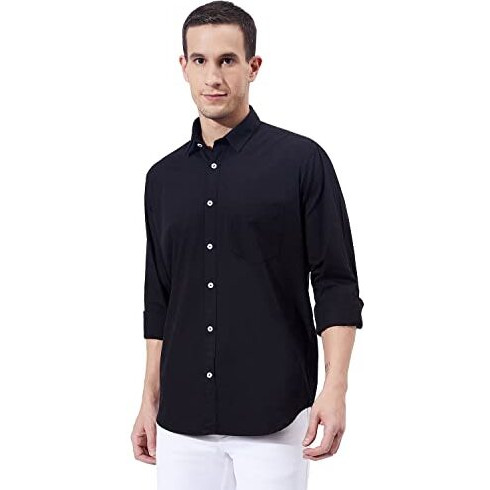 Ben Martin Men's Cotton Regular Collar Shirt With Chest Pocket|| Classic Collar, Slim Fit, Casual & Formal Wear || Soft & Breathable Fabric || Black Full Sleeve Shirt For Men Large