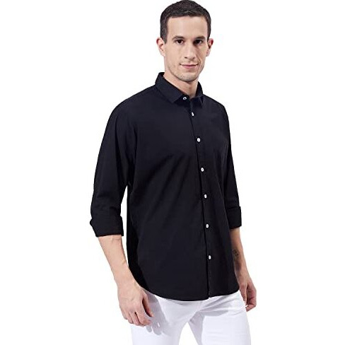 Ben Martin Men's Cotton Regular Collar Shirt With Chest Pocket|| Classic Collar, Slim Fit, Casual & Formal Wear || Soft & Breathable Fabric || Black Full Sleeve Shirt For Men Large