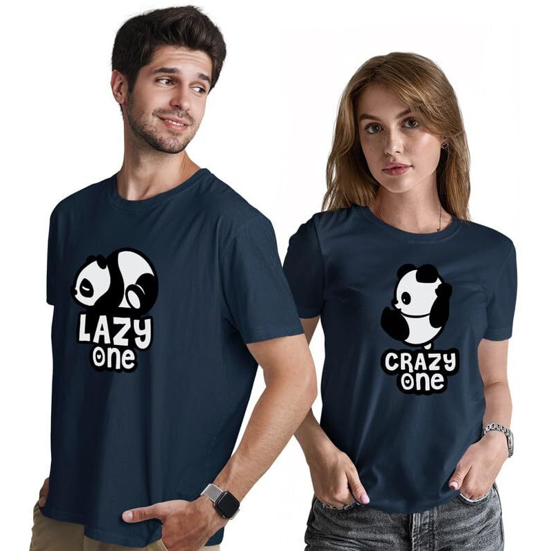 Indissh Couple Love Printed 100% Cotton Tshirt For Men And Women - Cp-Lazy-Crazy, Navyblue-M-M/W-S