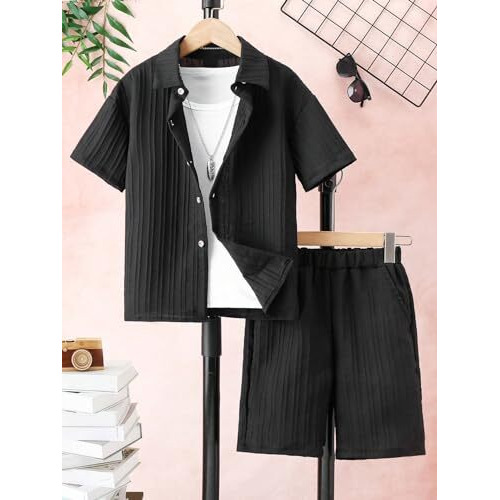 Smowkly Men's Shirt And Short Night Dress Set || Cotton Blend Top & Bottom Co-Ords Set || Half Sleave With Fancy Waffle Textured Design (1517_Bk_Xxl) Black