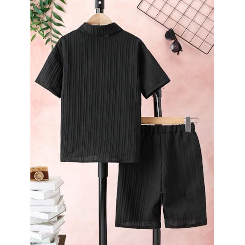 Smowkly Men's Shirt And Short Night Dress Set || Cotton Blend Top & Bottom Co-Ords Set || Half Sleave With Fancy Waffle Textured Design (1517_Bk_Xxl) Black