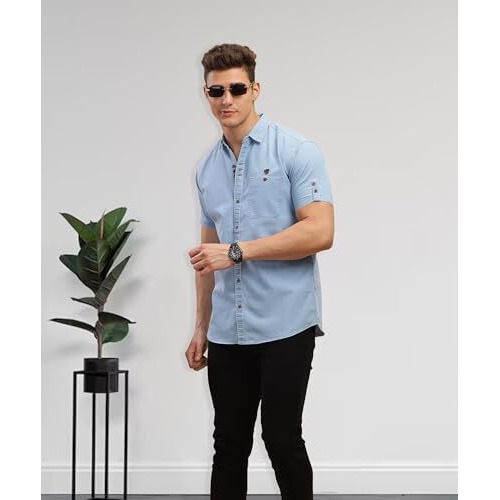 Kuons Avenue Men's Half Sleeve Smart Casual Denim Shirt | Jeans Shirt For Men(Kaclhs1129A-M_Icewash_Medium)