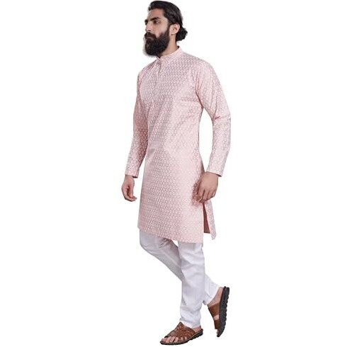 Divisive Men's Printed Cotton Silk Blend Only Slim Fit Kurta (Dkrt218_Xl_Peach)