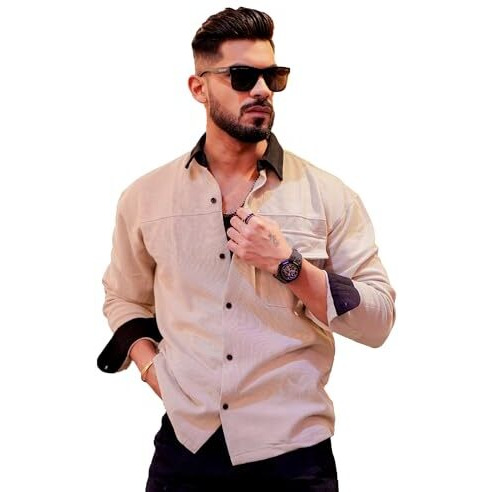 Maniac Mens Solid Collared Neck Full Sleeve Biscuit And Black Cotton Oversized Fit Shirt