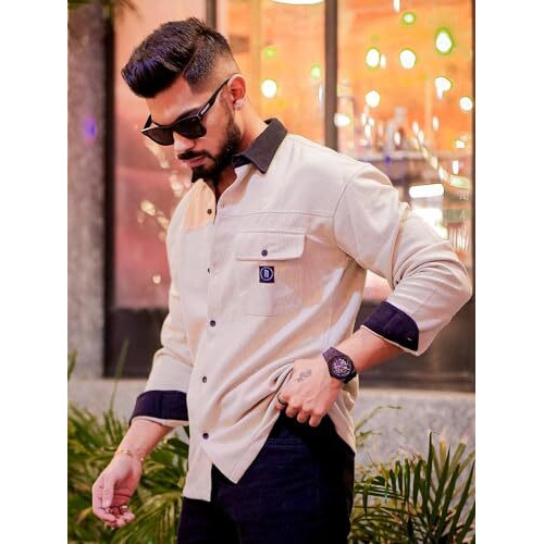 Maniac Mens Solid Collared Neck Full Sleeve Biscuit And Black Cotton Oversized Fit Shirt