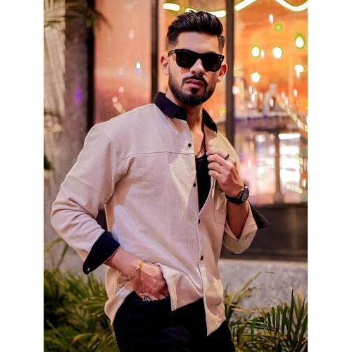 Maniac Mens Solid Collared Neck Full Sleeve Biscuit And Black Cotton Oversized Fit Shirt