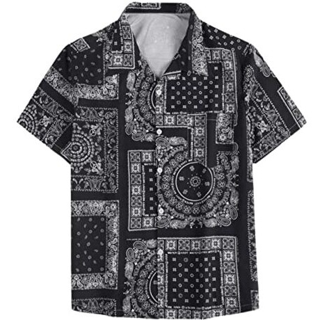 Leriya Fashion Men's Shirt || Rayon Geo & Paisley Printed Shirts For Men || Vintage Shirts || Summer Shirts For Men || Shorts Sleeves || Beach Shirts For Men (Large, Black)