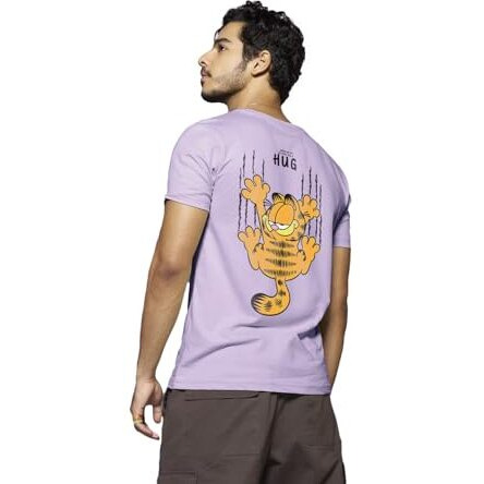 Bewakoof X Official Garfield Merchandise Men's Hug It Out Graphic Print 100% Cotton T-Shirt- Regular Fit, Round Neck, Half Sleeves