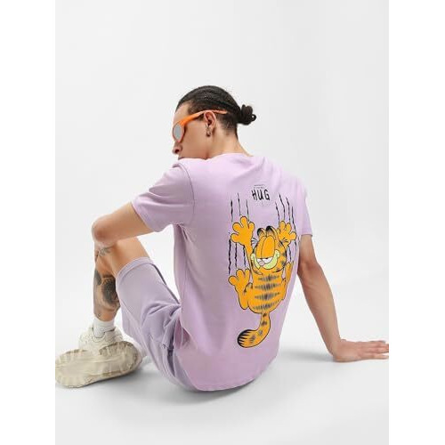 Bewakoof X Official Garfield Merchandise Men's Hug It Out Graphic Print 100% Cotton T-Shirt- Regular Fit, Round Neck, Half Sleeves