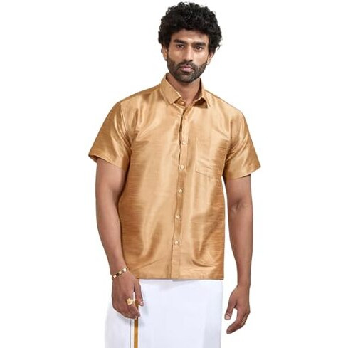 Vastramay Men's Rose Gold Silk Blend South Indian Ethnic Shirt - Half Sleeve, Traditional Madras Shirt For Weddings, Festivals, And Parties