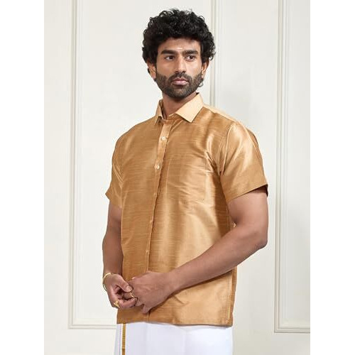 Vastramay Men's Rose Gold Silk Blend South Indian Ethnic Shirt - Half Sleeve, Traditional Madras Shirt For Weddings, Festivals, And Parties