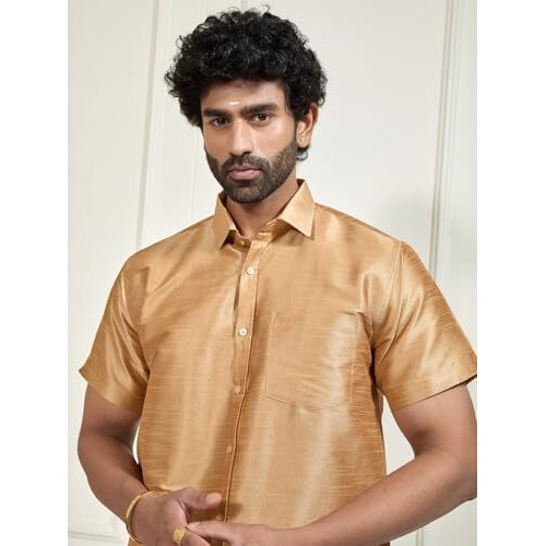 Vastramay Men's Rose Gold Silk Blend South Indian Ethnic Shirt - Half Sleeve, Traditional Madras Shirt For Weddings, Festivals, And Parties